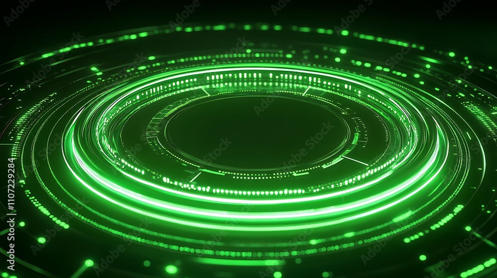 Poster green light circular pattern with abstract circles and digital elements on dark background