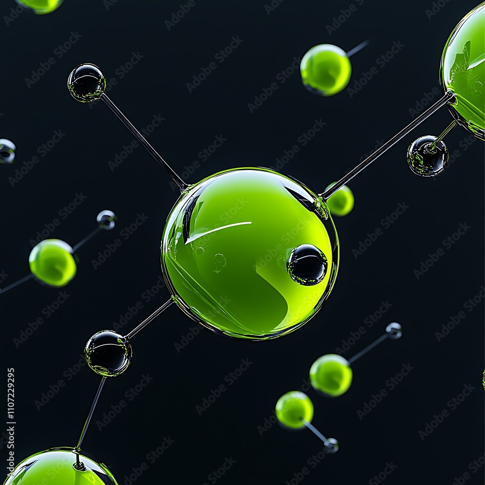 Poster green molecular structure with bubbles in dark background for science and technology concepts