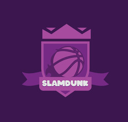 Obraz premium Purple Color Slamdunk Logo with Shield, cute style basketball with shield, crowd