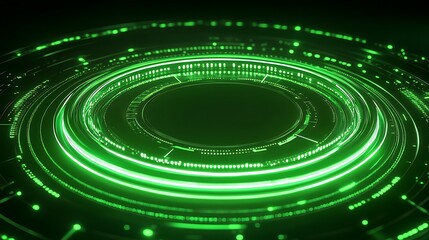 Obraz premium Green Light Circular Pattern with Abstract Circles and Digital Elements on Dark Background