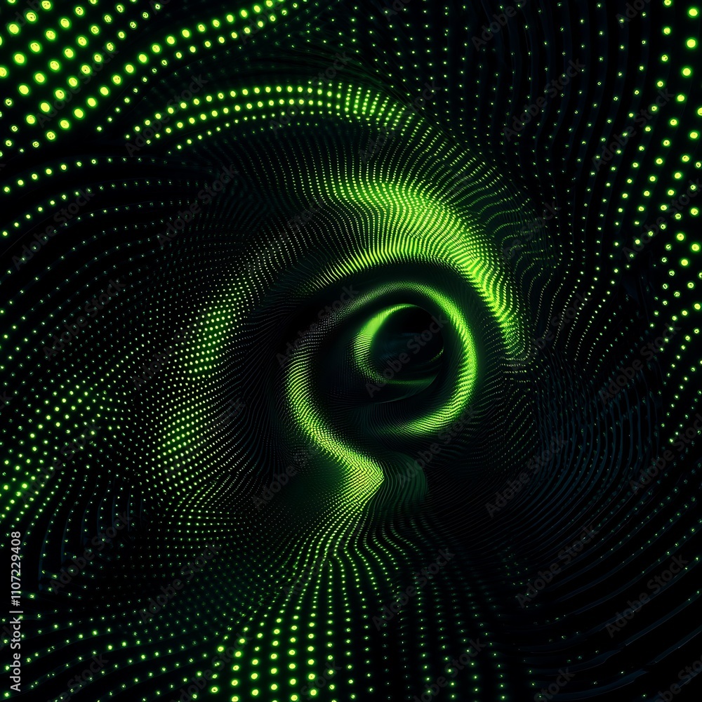 Poster hypnotic green swirl pattern with dots creating depth and dimension in abstract art design