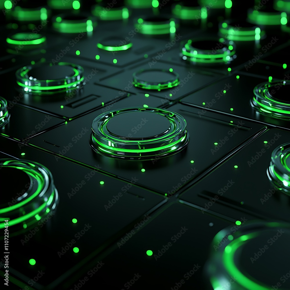 Poster illuminated green circles on black surface with soft glow and abstract pattern design for technology