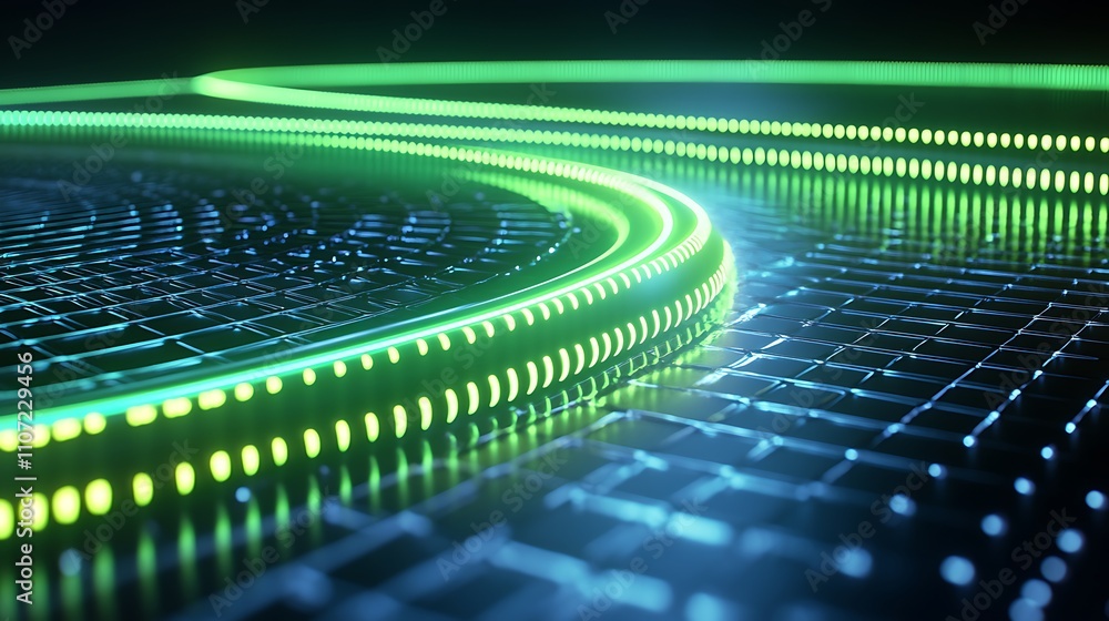 Aufkleber illuminated abstract lines on a digital grid with glowing green neon elements for technology backgro