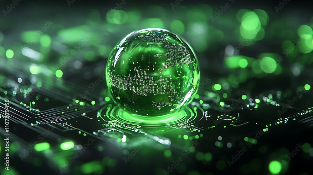 Poster Innovative Green Sphere Reflecting Digital Data in Futuristic Circuit Board Background with Glowing Elements