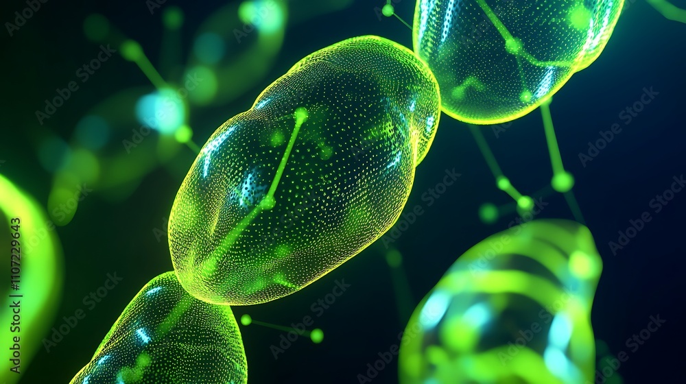 Poster microscopic view of colorful bacterial structures in vibrant neon colors surrounded by organic patte