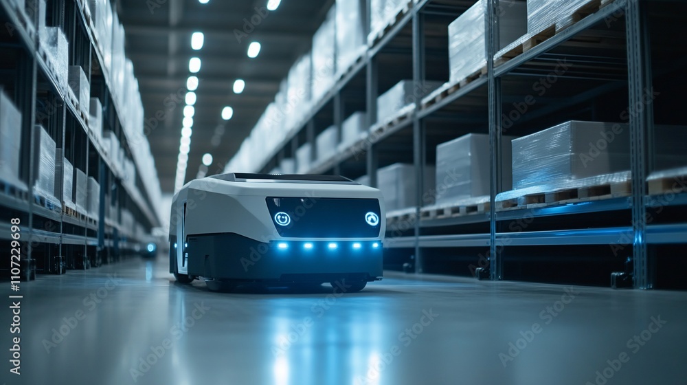 Poster autonomous robot navigating through a warehouse aisle for logistics tasks.