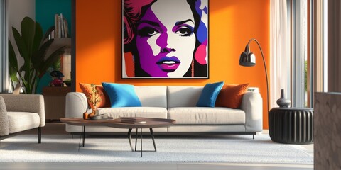 A vibrant living room featuring a modern design with a colorful art piece. The orange wall complements the stylish furniture and decor. Perfect for those who love artistic spaces. AI
