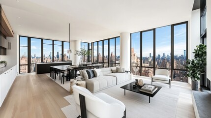 Fototapeta premium Modern luxury apartment with panoramic city views, hardwood floors, and open-plan living space.
