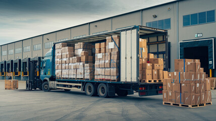 Naklejka premium Boxes packed and loaded onto a large truck outside the warehouse, ready for shipment, highlighting efficient logistics and transportation in a busy industrial setting.
