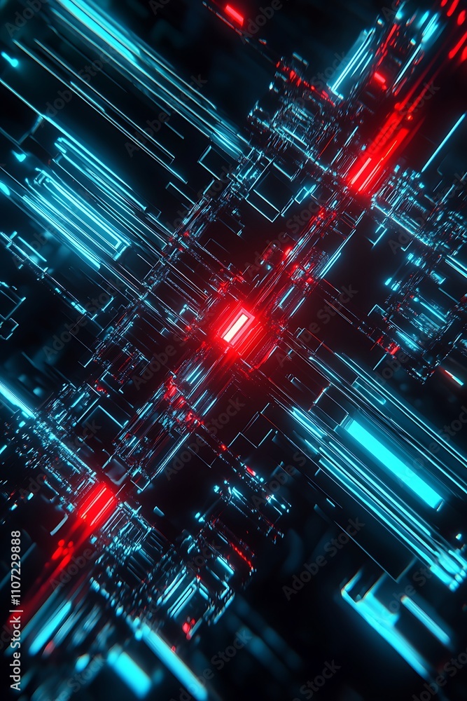 Poster neon light abstract background with red and blue lines and shapes in futuristic digital design