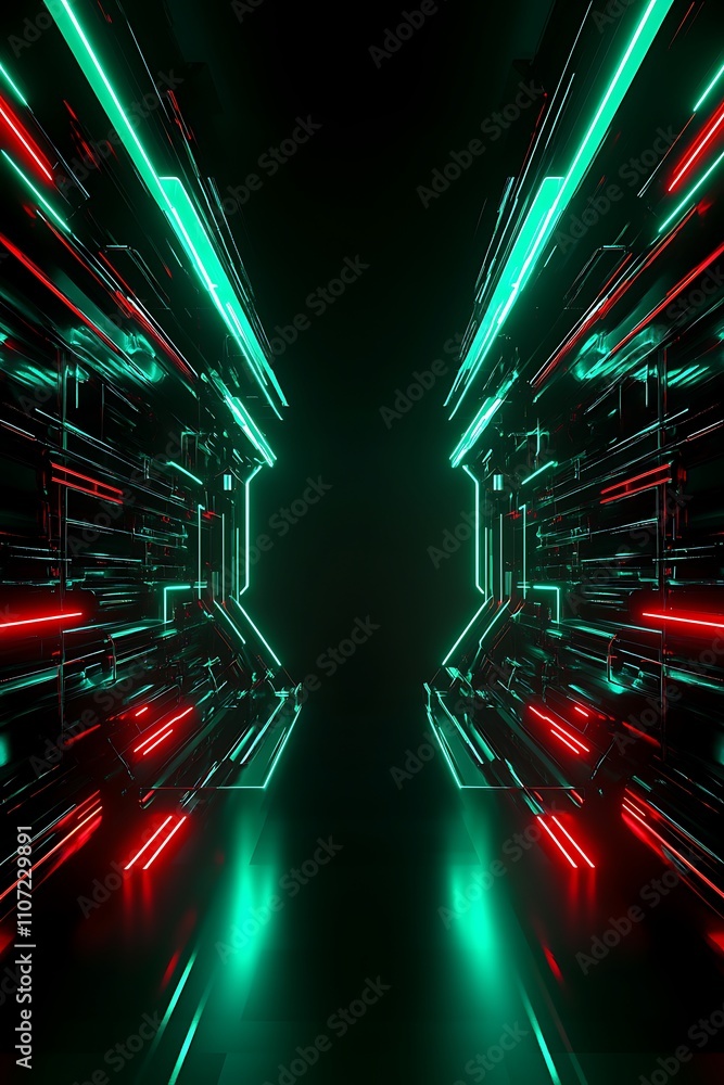 Poster neon light corridor with futuristic lines and patterns in dark space for sci-fi and technology backg