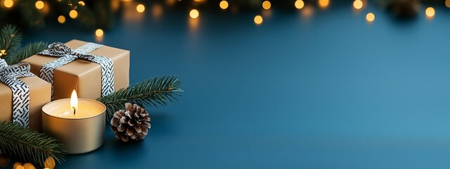 Gift box, candle, new year decoration on empty blue background with copy space. Christmas card template. Winter holidays celebration. Hanukkah