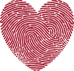 A red fingerprint shaped as a heart. Represents unique love and identity