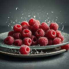 A handful of raspberries tumbling onto a plate.