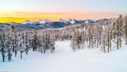 A serene winter landscape featuring snow-covered mountains, tall trees, and a vibrant sunset sky.