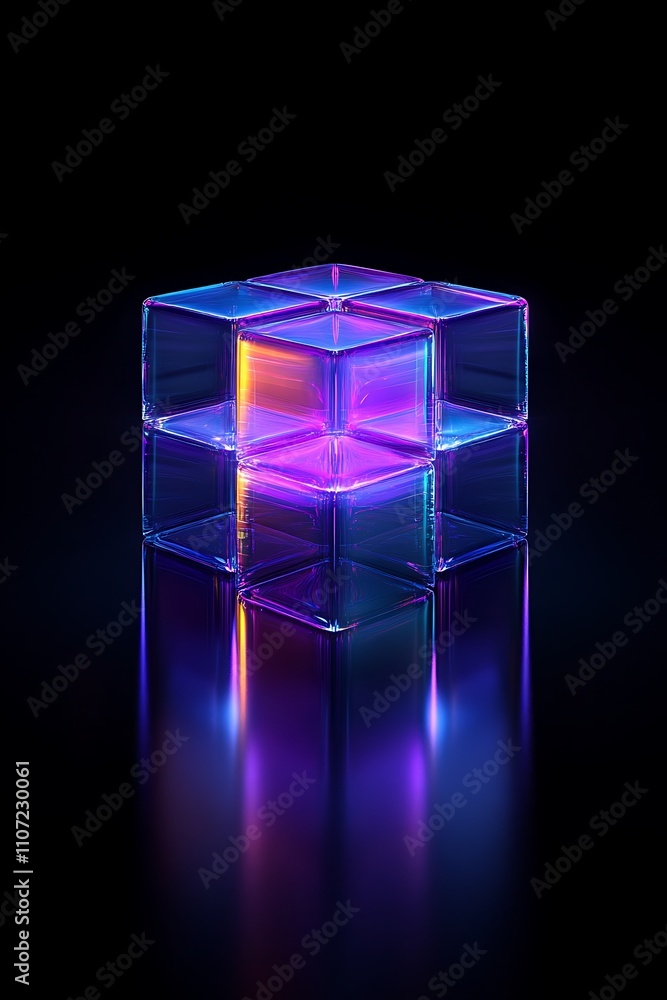 Poster reflections of colorful cubes with neon glow on black background in a modern abstract style