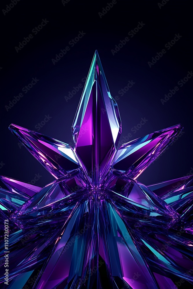 Poster purple and blue geometric crystal structure with sharp edges in a dark background illuminated by neo