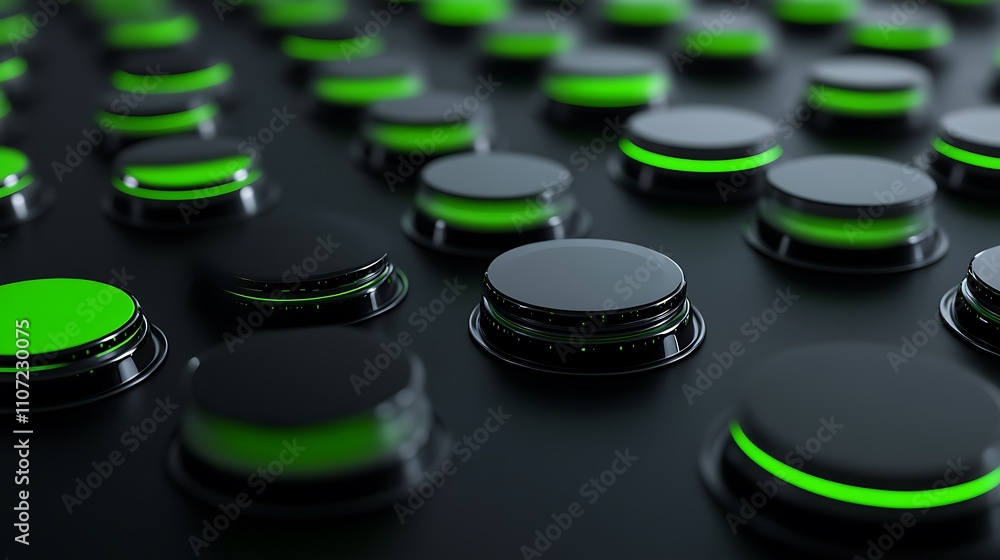 Poster rows of glossy buttons with green neon glow on dark surface ideal for technology and gaming themes