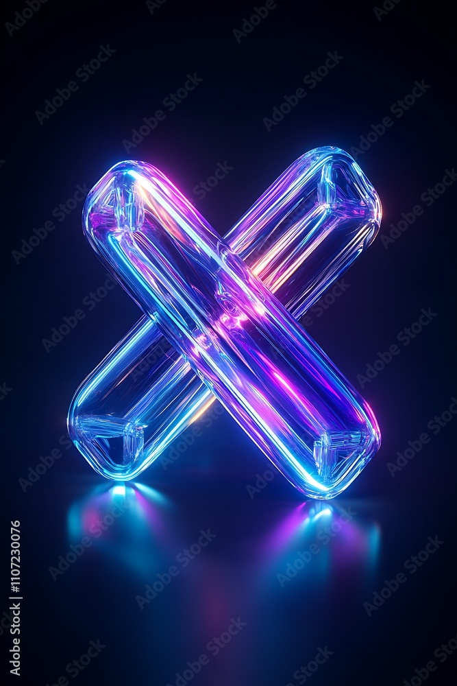 Poster neon x shape with glowing light reflections on a dark background in a modern abstract style