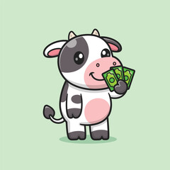 Cute Cartoon Cow Holding a Lot of Money Vector Icon Illustration. Animal Business Icon Concept Isolated Premium Vector. Flat Cartoon Style.