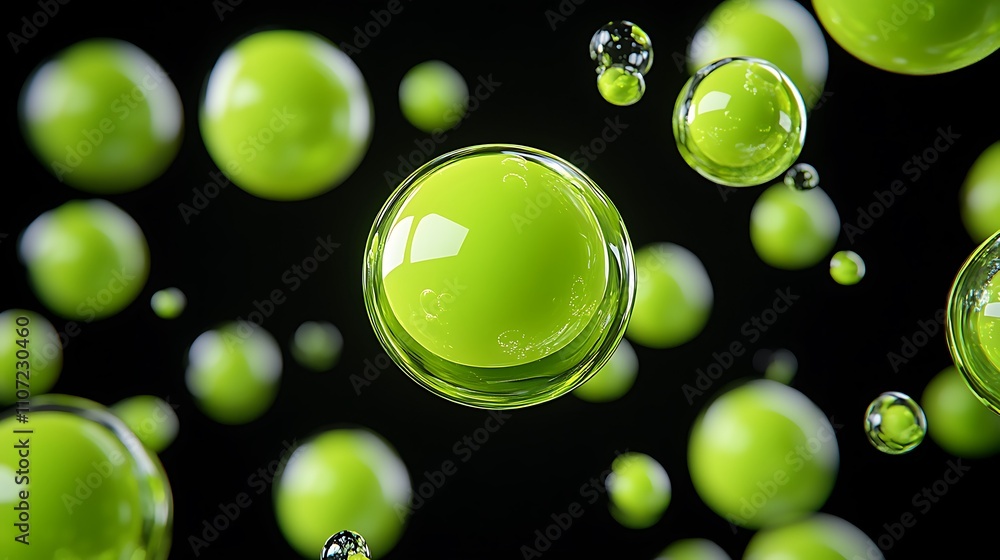 Poster transparent green spheres in space with intricate reflections on a black background for abstract des
