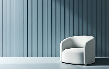 A minimalist living room design with a blue wall featuring vertical paneling as the backdrop, paired with a sleek white armchair.
