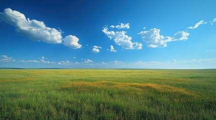 Obraz premium Sunny day, vast green field with scattered yellow wildflowers under a vibrant blue sky dotted with fluffy white clouds.