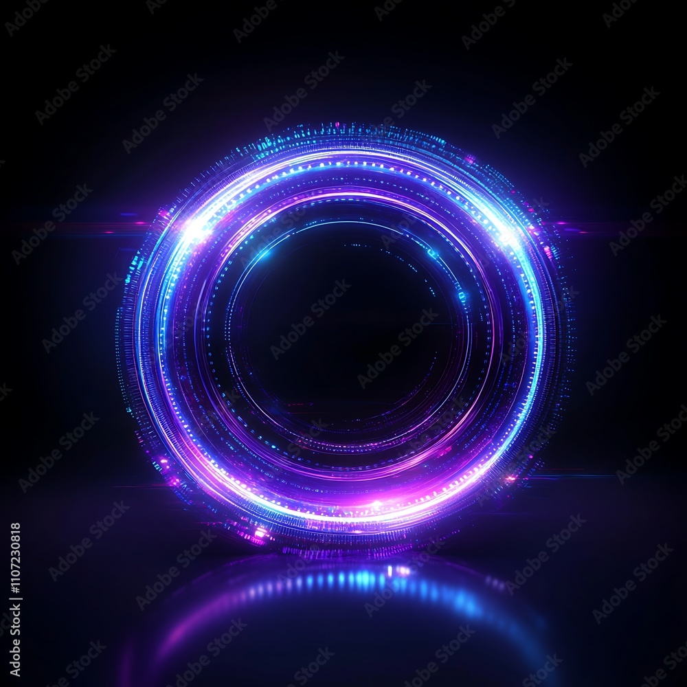 Poster vibrant abstract circular light pattern with neon colors on black background for creative projects