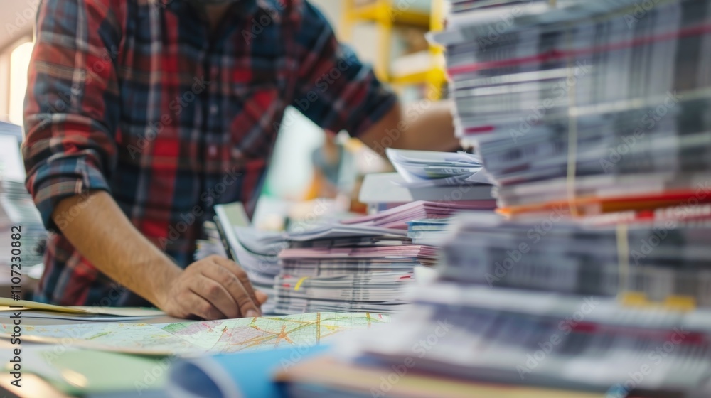 Aufkleber planners and managers working intently at their desks surrounded by stacks of maps charts and spread