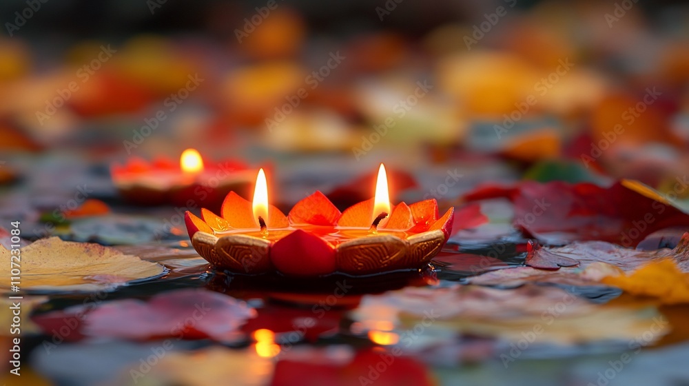 Poster floating candles surrounded by autumn leaves create a serene atmosphere.