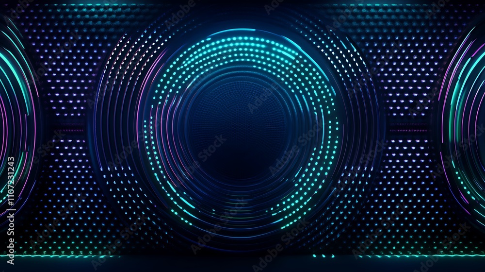 Poster vibrant abstract light patterns with circular designs in dark background for creative projects