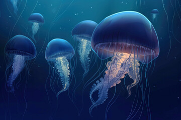 Fototapeta premium Group of rare colored jellyfish close-up, dark background. AI generated.