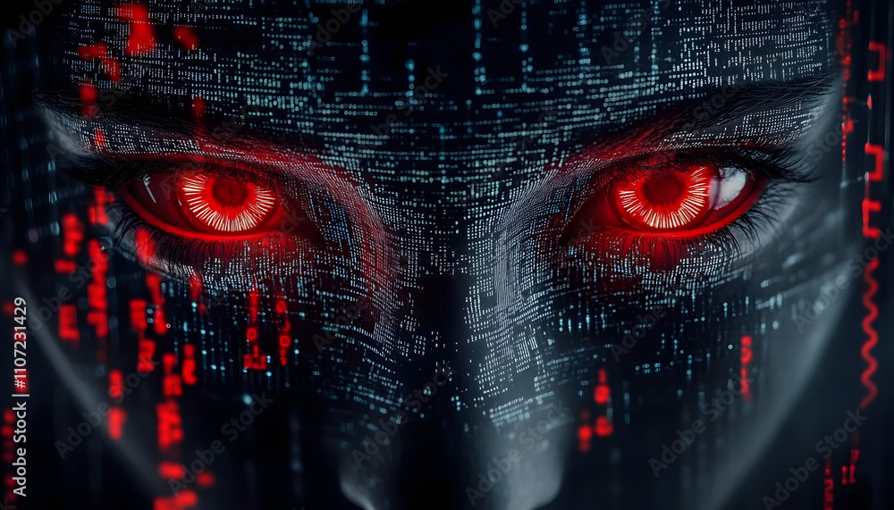 Poster digital face composed of data and charts with glowing red eyes