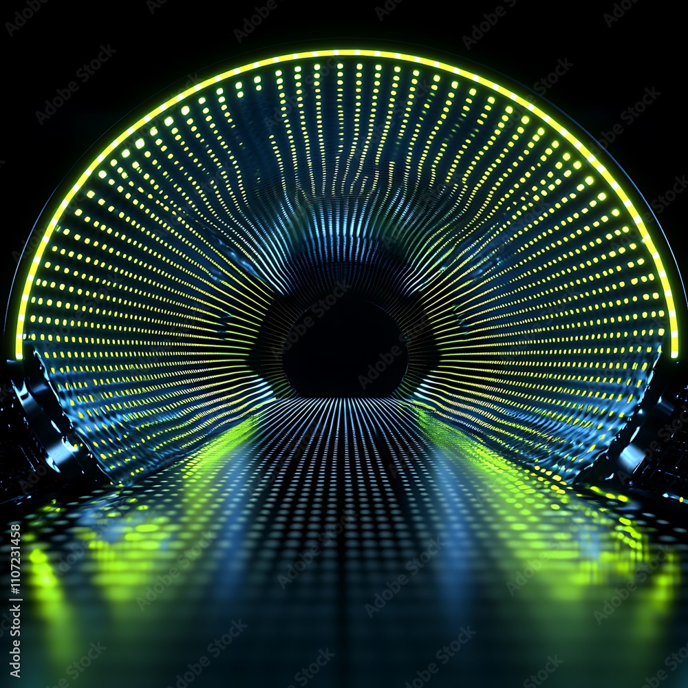 Poster Vibrant Abstract Tunnel with Neon Lights and Illuminated Patterns in a Futuristic Setting