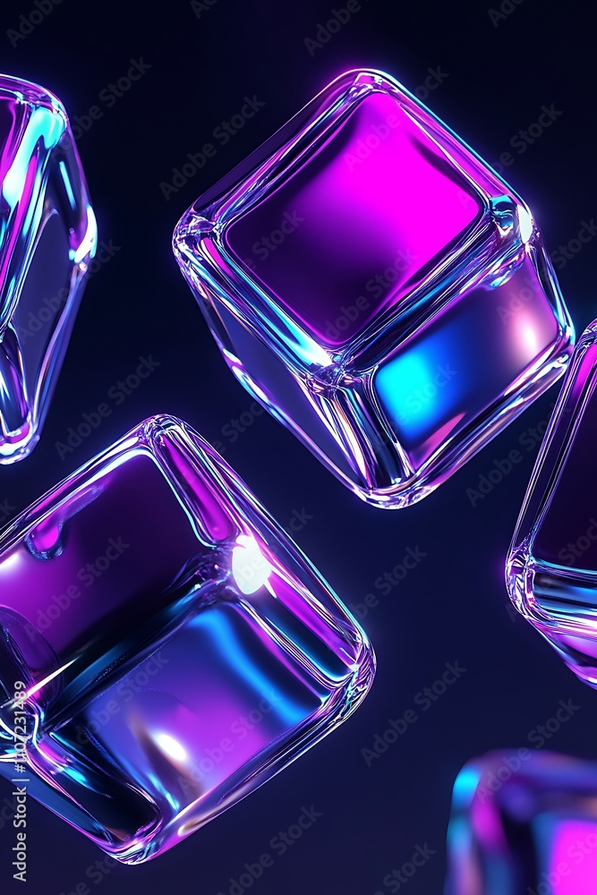 Poster vibrant and reflective 3d cubes floating in dark space with colorful light effects for abstract them