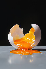 Dramatic Shot of a Cracked Egg with Vividly Flowing Yolk Illuminating Food Artistry and Culinary Aesthetics