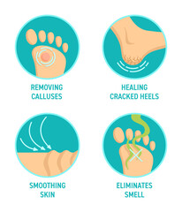 Foot cream color icons set - Smoothing, Eliminates smell, Removing calluses, Healing cracks