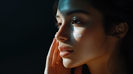 Fototapeta premium Beautiful South American model woman applies cream on her face in a beauty studio promo. Dark background with copyspace and face on left side of photo. High-resolution image.