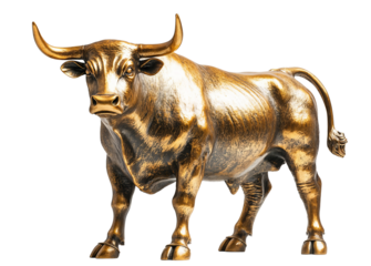 A golden bull figure on a transparent background. Concept of bull market