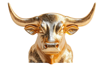 Close-up of a golden bull head figure on transparent background. Concept of confidence and bull market.