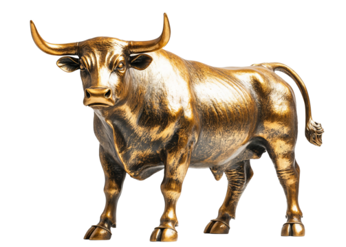 A golden bull figure on a transparent background. Concept of bull market
