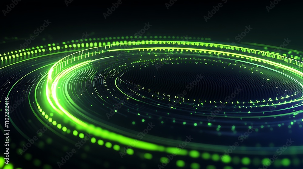 Poster vibrant green light trails creating circular motion in digital abstract background full of energy an