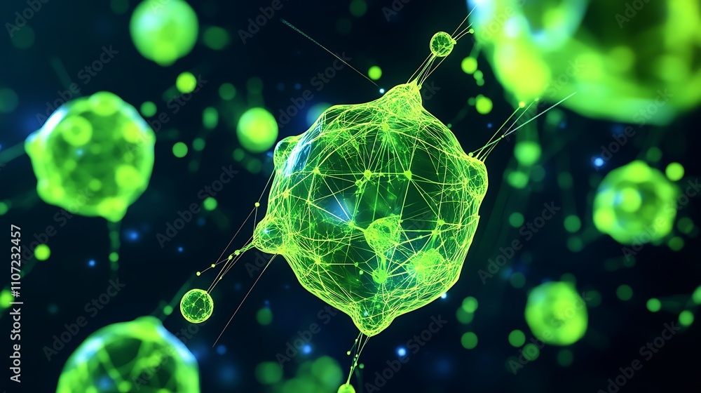 Poster vibrant green microscopic view of abstract microorganisms and cells in dark background with light ef