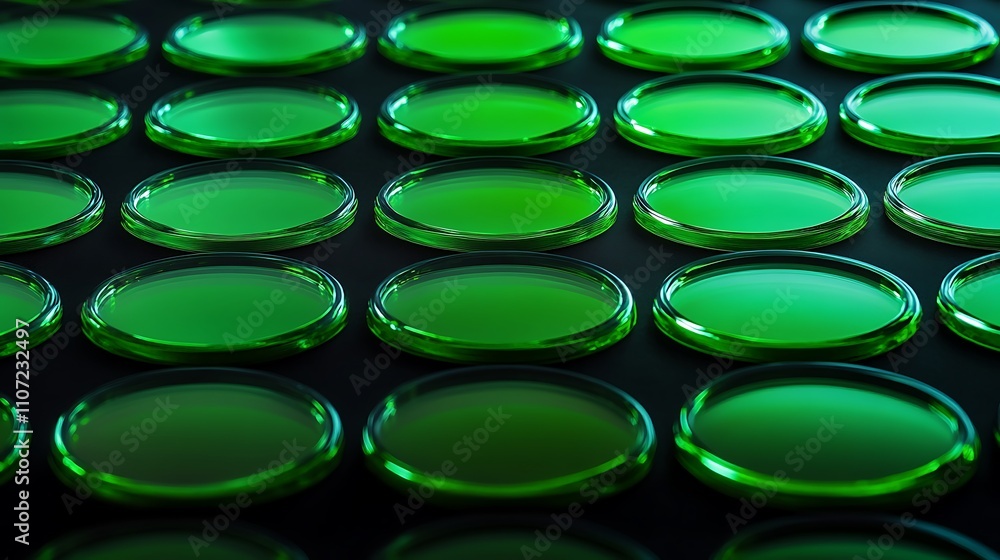 Poster vibrant green ovals in a symmetrical pattern on a dark background for abstract and design concepts