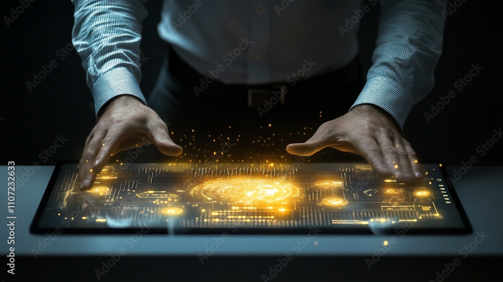 Poster Hands interacting with a glowing digital interface, showcasing technology.