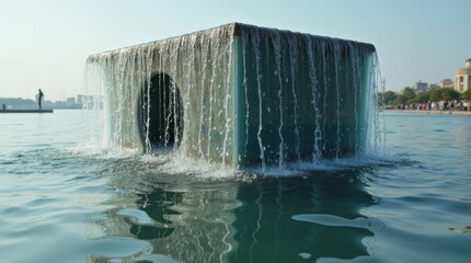 Water Cascading Down a Cube-Shaped Sculpture