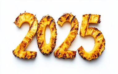 2025 Made of Grilled Pineapple Rings  Numbers crafted with golden-brown grilled pineapple rings. Sweet and tropical, white background.