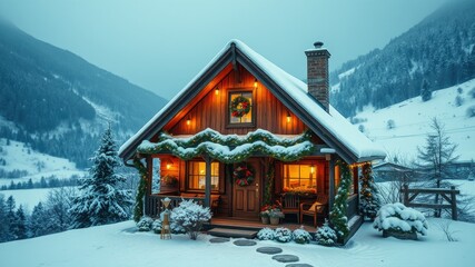 Fototapeta premium Enchanting February Getaway: Cozy Cabin in Picturesque Winter Landscape