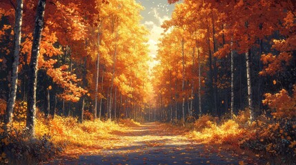 Sunlit autumn road through vibrant fall foliage.