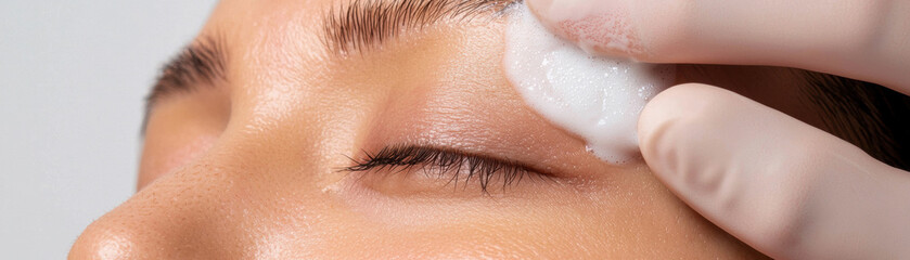 Surgery eyelid rejuvenation concept. A close-up of a person's eye being gently cleaned with a cotton pad, indicating a skincare or beauty treatment.